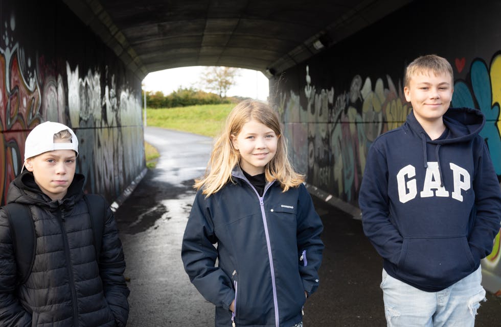 Lars Kristian Reiersen Vaka, Tuva Ottesen og Sebastian Westergaard foran undergangen dei var med å gjere graffiti i.
FOTO: THOMAS VALLESTAD DRAGESET