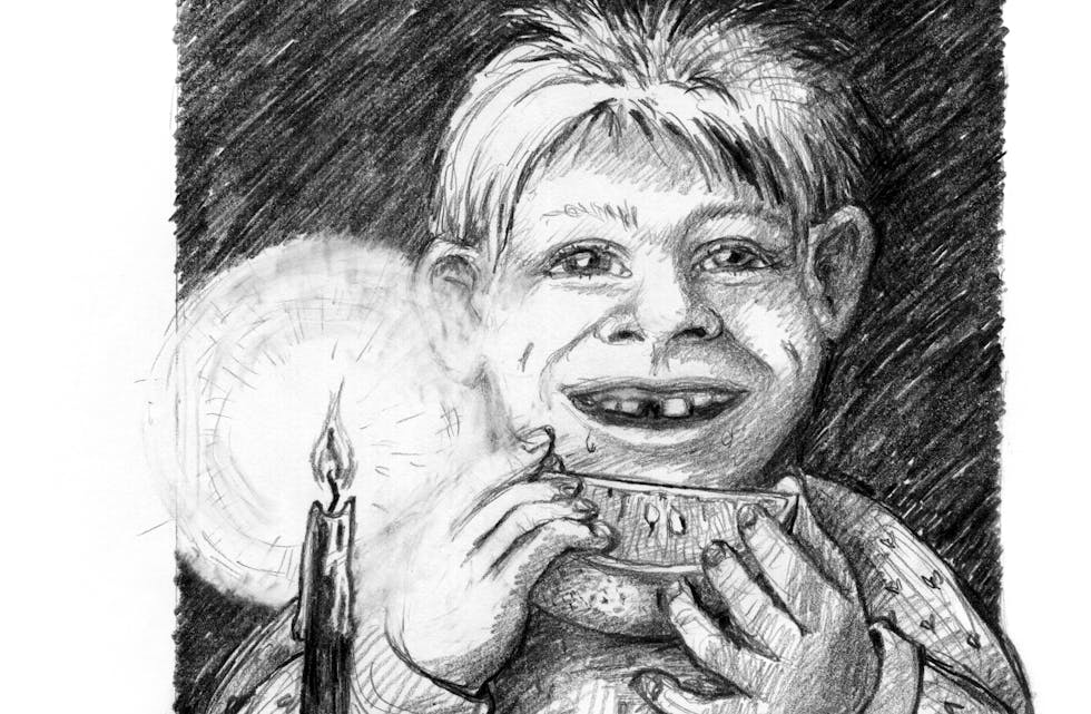 Illustrasjon laga av Erling Vallestad til Odd Kåre Tveit sine tankar om barndommens julestemning.