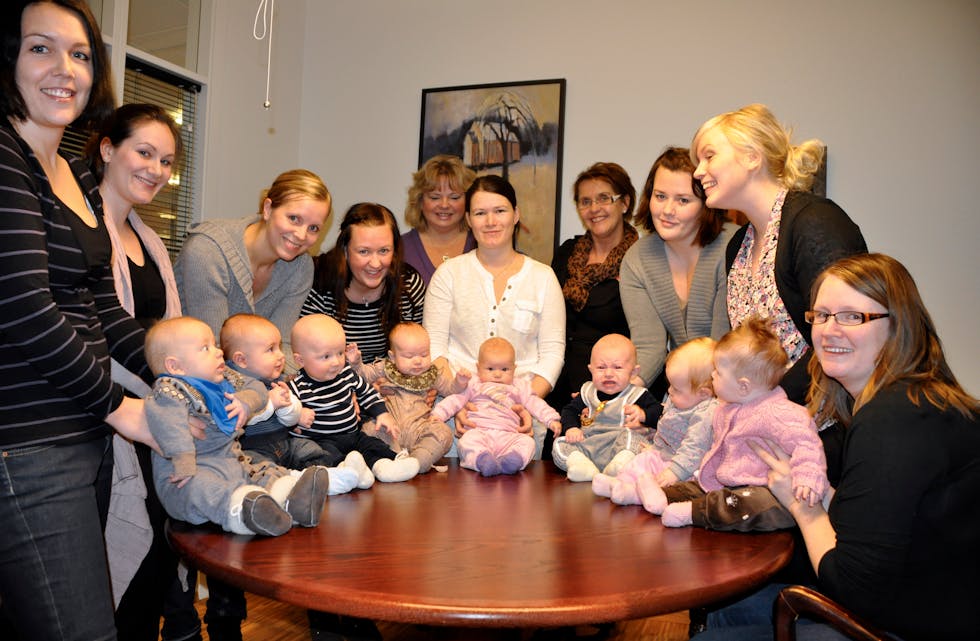 8 søte små sveibuar med mødrene sine, dukka opp på ordførar Jorunn Skåden sitt kontor på tirsdag. Med i følgje var også leiande helsesøster Grethe Natås som nok eit år kan fortelja at Sveio skriv fødselsrekord med 78 nye sveibuar. F.v.: Marie Elisabeth Jacobsen Monkleiv med Wilhelm fødd 16. november, Tina Lovise Fykse med Henrik fødd 30. september, Elisabeth L. Sørensen med William fødd 25. september, Mari Iversen med Malin fødd 13. oktober, Grethe Natås, leiande helsesøster i Sveio, Annelin Hammer med Malene fødd 16. november, ordførar Jorunn Skåden, Ellinor Kvalvåg Brendeland med Elias fødd 18. oktober, Anette Vesbestad med Sanna fødd 15. november. Foto: Kari Haukås