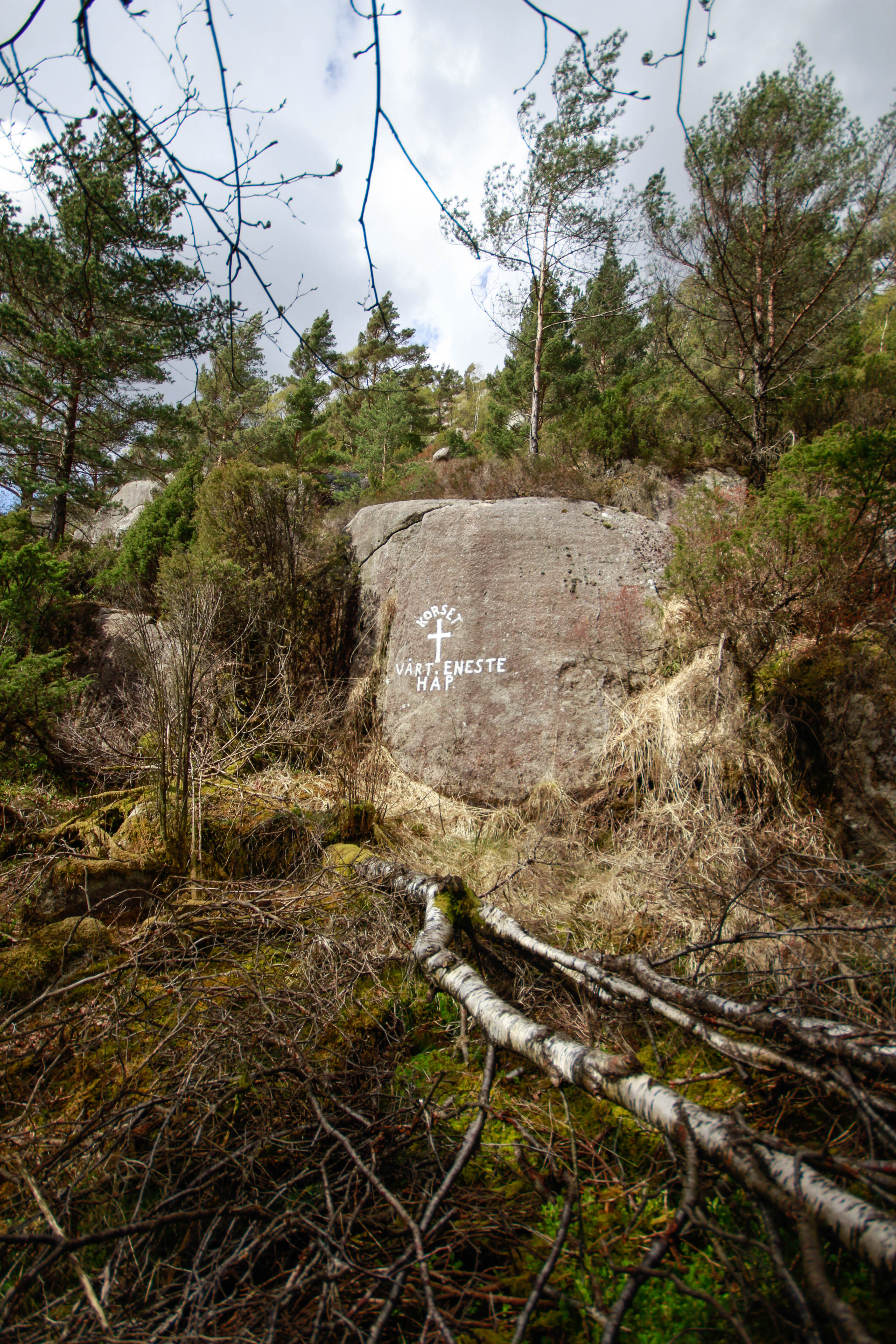 Slik ser krossen ut frå stien. I følgje Gards og ættesoge for Sveio, band 3, var det ein Peder Torkjelson Leirvik (1808-1878) på Kvalvåg. Kan det ha vore han som gjekk rundt i bygdene med malarkosten?