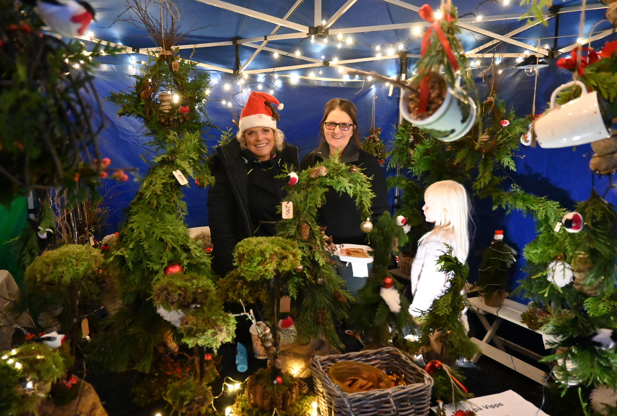 Helene Wierdal og Sølvi Thuestad med flotte oppsatsar – og julekrus med fuglegodt i taket. Foto: Sigrund Breistig